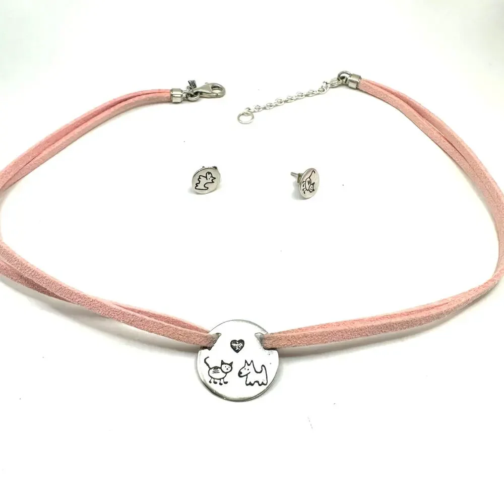 Silpada Israel Pink Cat Dog Sterling Silver Necklace Earring Set 925 Pet Jewelry